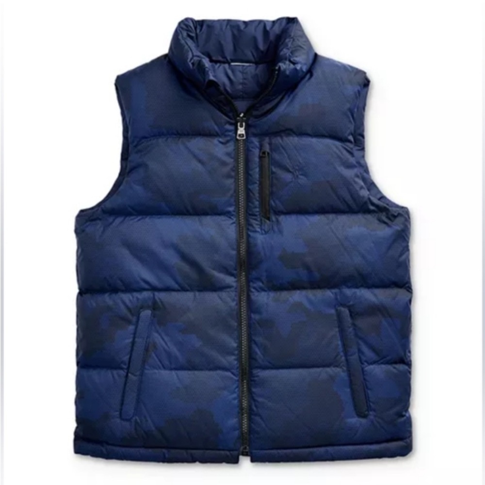 🌟POLO RALPH LAUREN🌟 BOYS CAMO PRINT REVERSIBLE DUCK PUFFER VEST BLUE BLACK 5